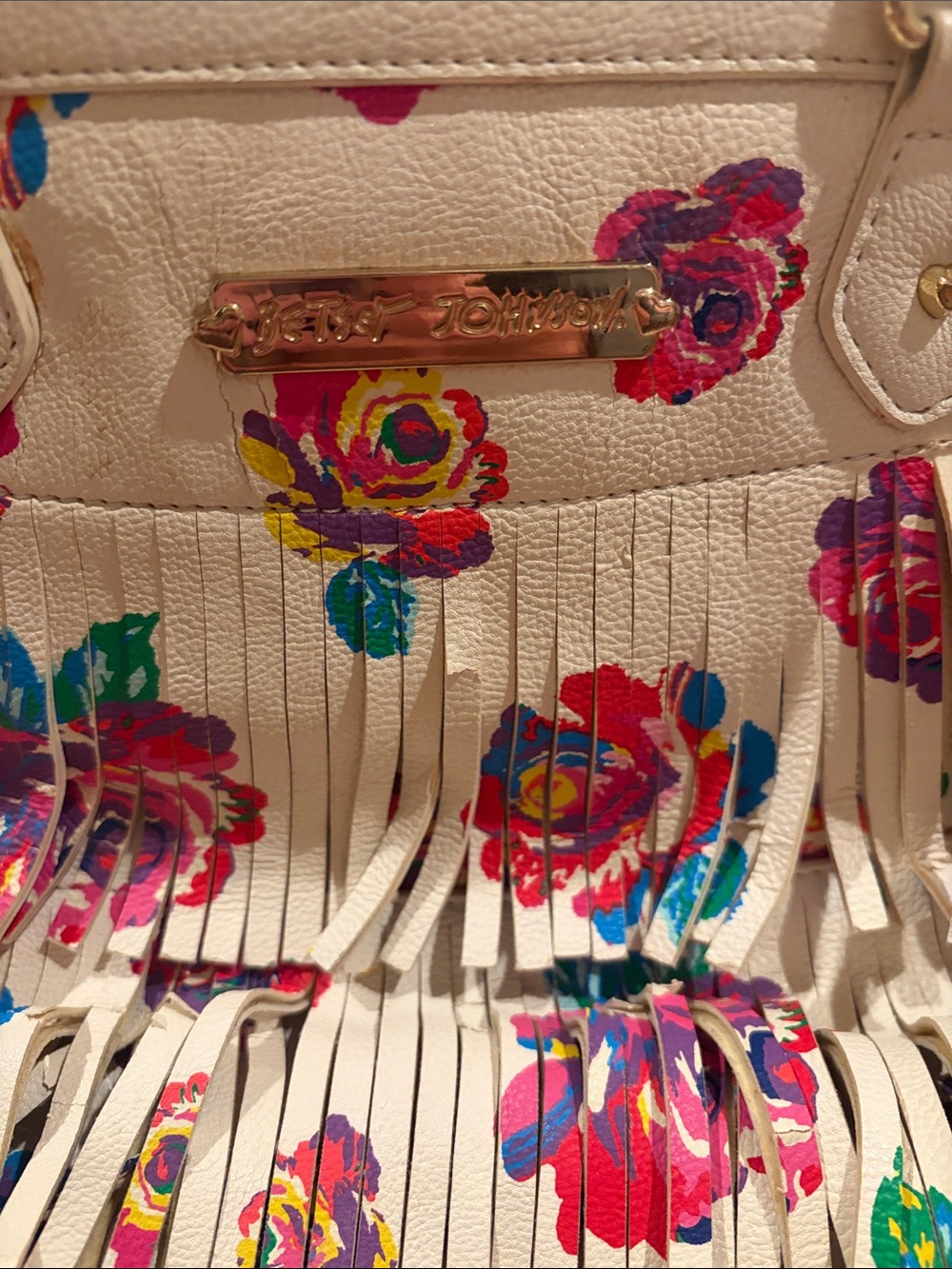 Betsey Johnson White Floral Fringe Shoulder Bag with Gold Plate